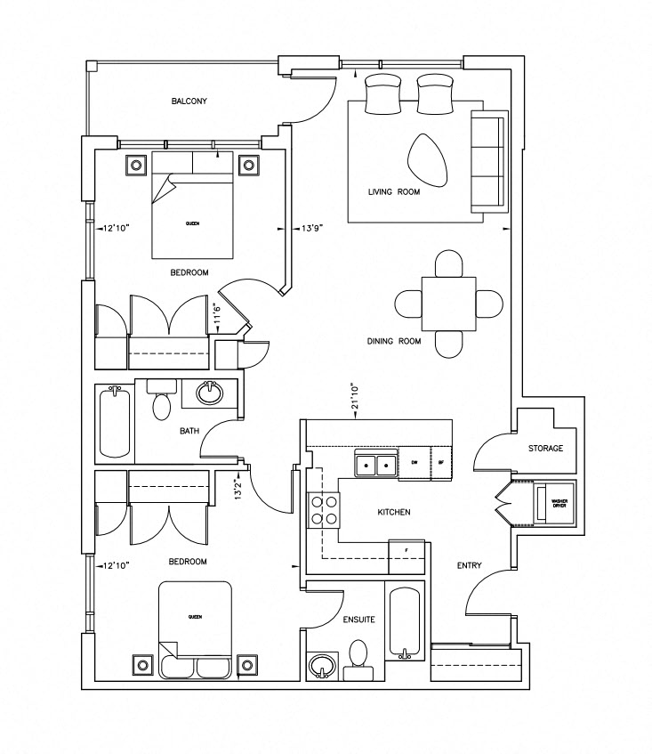 Floor plan for 2 beds, 2 baths, 1160 sqft